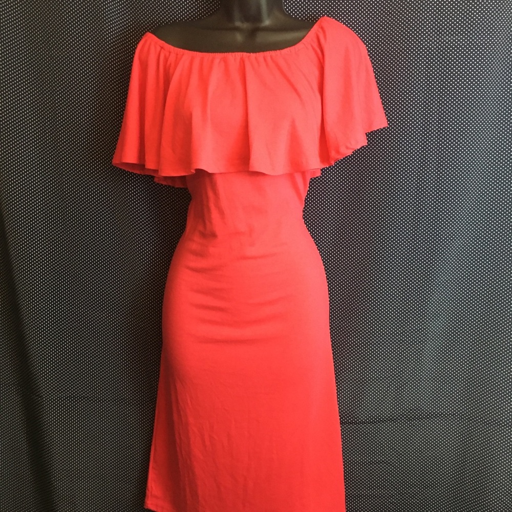 Melon off the shoulder mid calf dress.